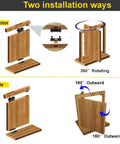 Image showing two ways to install heavy duty hidden door hinges with 600 lbs load rating on wood, featuring 360 degree rotation and 180 degree outward pivot options.