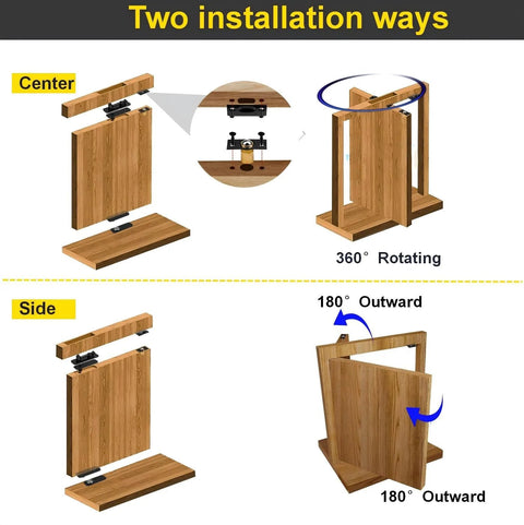 Image showing two ways to install heavy duty hidden door hinges with 600 lbs load rating on wood, featuring 360 degree rotation and 180 degree outward pivot options.