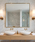 Stepeak Vintage Gold Wireless Wall Sconces Battery Operated, Walnut Wood Rechargeable Wall Lights set of 2 in stylish bathroom decor with elegant mirror.