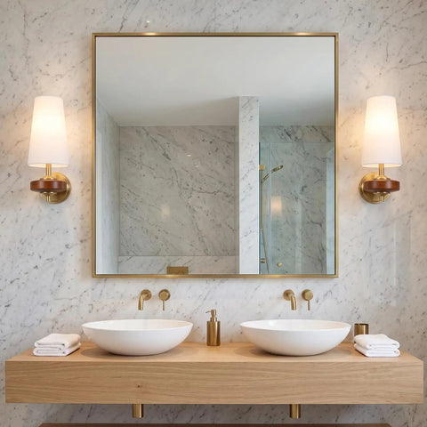 Stepeak Vintage Gold Wireless Wall Sconces Battery Operated, Walnut Wood Rechargeable Wall Lights set of 2 in stylish bathroom decor with elegant mirror.