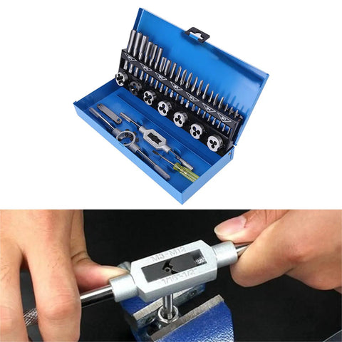 Must-Have 32 Piece Metric Thread Tap And Die Set For Garage Pros. Heavy Alloy Steel M3 To M10 Hand Threading Repair Kit includes taps dies wrench gauge
