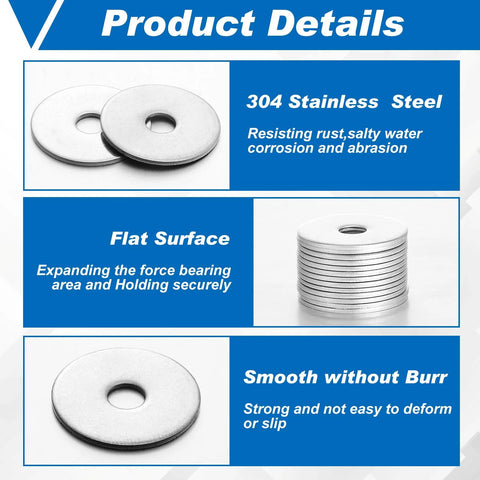 Stainless steel fender washers, 3/16 x 3/4 in, 200 pcs, 18-8 grade; front and stacked views