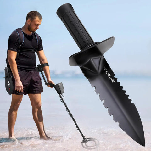 Heavy Duty Serrated Edge Metal Detecting Shovel With Belt Loop Sheath, Beast Digger For Metal Detecting in use at beach