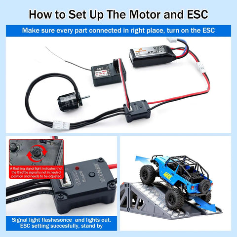 3500KV Outrunner Brushless Motor With 25A ESC for RC crawlers setup guide shown with wiring and ESC installation.