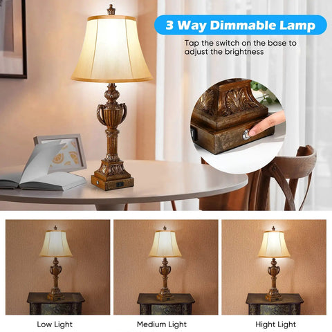 29 Inch Touch Control Traditional Table Lamps Set Of 2 Bronze Finish Bedside Lamps With Dual USB Ports And 1 AC Outlet Create Cozy Vibe In Bedroom Or Living Room Two Bulbs Included, 3 way dimmable, shown in low, medium and high light settings on a side table with book and chair