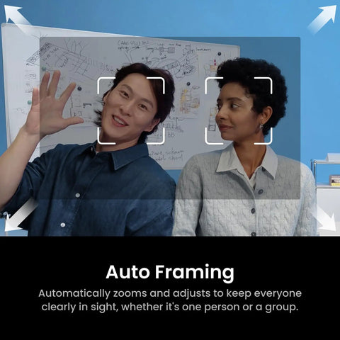 Prime 4K Webcam With Auto Tracking And Directional Mics For Gaming Livestreams Or Client Calls showing auto framing feature with two people.