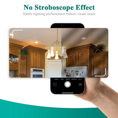 GU10 Dimmable LED Bulbs 2700K Warm White in kitchen showing no stroboscope effect, stable lighting captured on smartphone screen