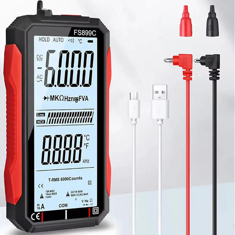 Upgraded FS899L Digital Multimeter With USB Rechargeable Power, Smart Auto Display showing readings, and included cables