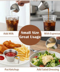 Stainless Steel Espresso Cup With Handle used for pouring milk, espresso, as a sauce container and salad dressing pour; durable, versatile use.