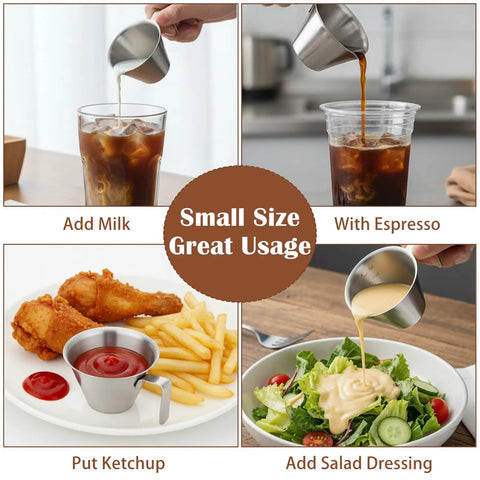 Stainless Steel Espresso Cup With Handle used for pouring milk, espresso, as a sauce container and salad dressing pour; durable, versatile use.