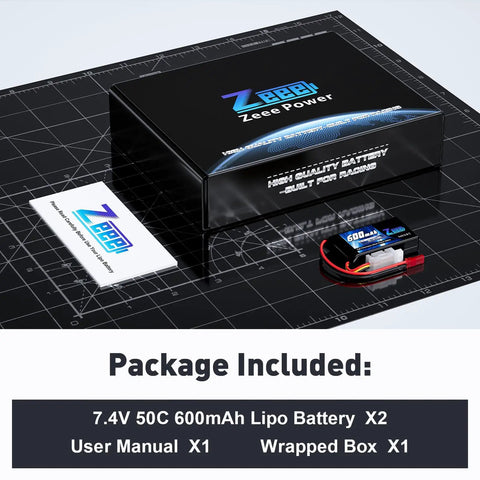 Package contents of 2S LiPo Battery 600mAh 7.4V 50C JST Connector For FPV Quadcopter Drone Helicopter RC Boat Car And RC Models 2 Pack