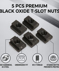 5 Pieces T Slot Nuts In 45 Steel With Black Oxide Finish For CNC Machine, Router Table And Drill Press Workholding And Clamping, Heavy Duty Secure Threaded Fasteners For Precision Fixtures And Fixturing, five black oxide T-slot nuts