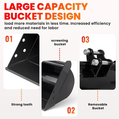 Flat Backhoe Bucket For Mini Excavators 19.7 Inch Steel Attachment For Digging Loading And Cleaning Sand And Soil Easy To Install Beefed Up Heavy Duty Durable Worksite Ready For Everyday Tasks, highlighting strong tooth design, screening bucket, and removable features