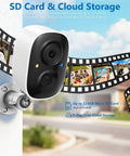 Solar Powered Wireless Outdoor Security Camera mounted with SD Card and Cloud Storage options displayed in the background.