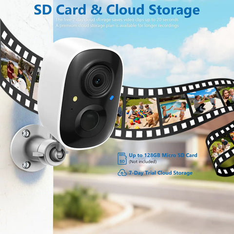 Solar Powered Wireless Outdoor Security Camera mounted with SD Card and Cloud Storage options displayed in the background.