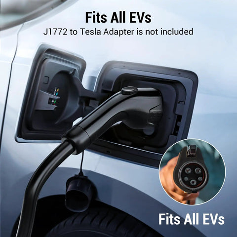 Portable Electric Car Charger For Level 1 And Level 2 EVs J1772 Compatible in use on vehicle charging port.