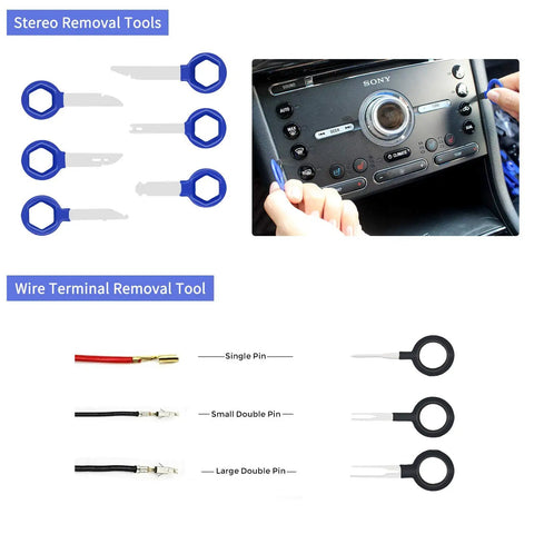 200 Piece Car Trim Removal Tool Kit Set With Plastic Panel Fasteners Remover Tools Pro Grade Auto Interior Trim Pliers in use on car stereo