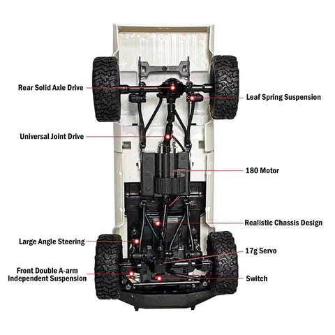 Underside view of Rugged All Terrain 4x4 RC Crawler Truck 1 Sixteenth Scale Remote Control Pickup RTR Off Road Toy Car