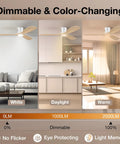 Slick Look 52 Inch Low Profile Ceiling Fan With Steady Breeze Motion And Soft Ambient Lights shown in three color temperatures.