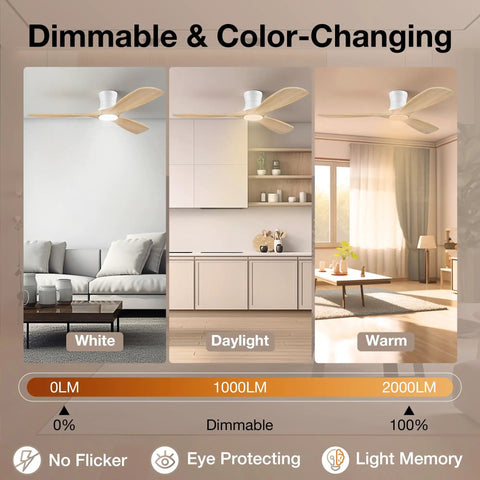 Slick Look 52 Inch Low Profile Ceiling Fan With Steady Breeze Motion And Soft Ambient Lights shown in three color temperatures.