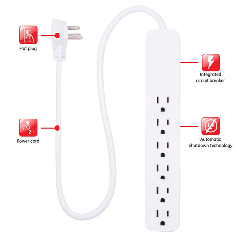 6-Outlet Surge Protector Power Strip Set With 2 Ft Extension Cords, 620 Joules, Flat Plug, Integrated Circuit Breaker, Wall Mount, UL Listed, White
