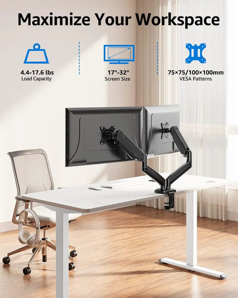 Dual Monitor Desk Arm Mount For 22 To 32 Inch Screens Height Adjustable Vesa 75x75 Or 100x100 Compatible Supports 4.4 To 17.6 Lbs