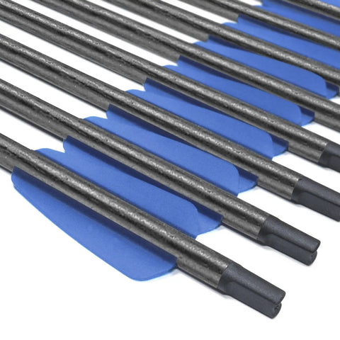 Close-up of Adder 7.5 Inch Carbon Crossbow Bolts with 2 Inch Vanes 10 Pack for fishing, small game hunting, and target practice