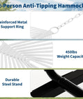 Two Person Hammock With Adjustable Steel Stand And Pillow For Easy Outdoor Lounging, Heavy Duty Portable Set, Handles Up To 450 Lbs features metal support and durable stand.
