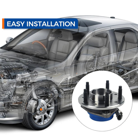 Front Wheel Hub And Bearing Assembly For 2004 2005 Chevy Classic, 1997 2003 Malibu with vehicle cross-section illustration for installation.