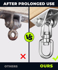 Comparison of rusty metal hanger vs shiny Beefy Heavy Duty Swing Hangers for Wooden Sets 360 Swivel Stainless Steel Hardware 1000 Pound Capacity