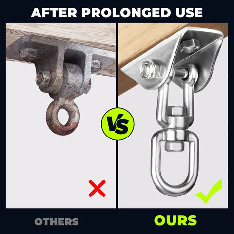 Comparison of rusty metal hanger vs shiny Beefy Heavy Duty Swing Hangers for Wooden Sets 360 Swivel Stainless Steel Hardware 1000 Pound Capacity