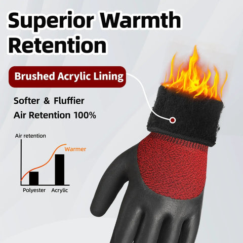 Close-up of Three Pairs Winter Work Gloves With Three Quarters Double Dipped Coating, brushed acrylic lining showing warmth retention.