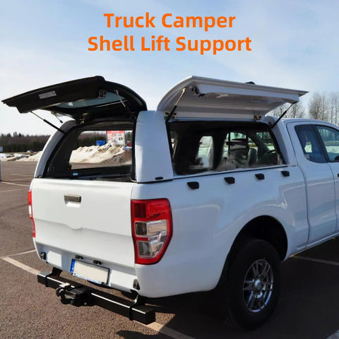 Set Of 2 16 Inch Gas Shock Strut Lift Support For LEER ARE Snugtop Truck Camper Shell Window Topper Canopy Door Cap Replacement Parts 38lb 169N Lift Fits 15 7 Inch Depth supporting a truck canopy.