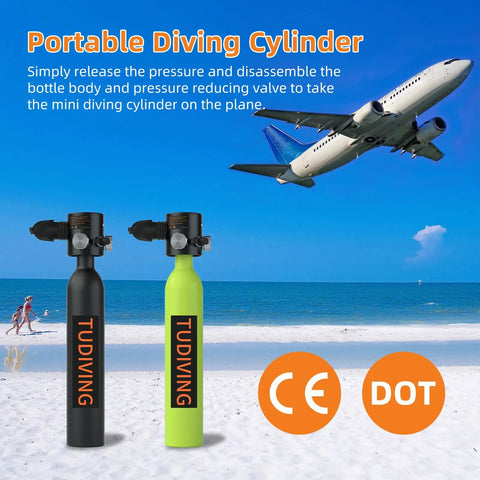 Portable diving cylinder in black and green on a beach background with airplane overhead
