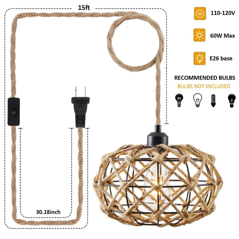 Plug In Pendant Light With On Off Switch Hemp Rope Woven Rattan Hanging Lamp For Cozy Farmhouse Kitchen, 15 ft cord shown