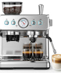 Kickin Up Bold Flavor With A Built In Grinder, 20 Bar Pressure Espresso Coffee Maker with dual espresso shots.