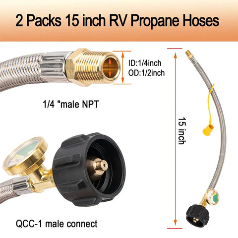 Rugged RV Propane Hose With Gauge Stainless Braided Camper Tank Connector For Standard Two Stage Regulator One Quarter Inch NPT QCC1 Fittings 40 PSI To 250 PSI Grillin For BBQs Camping Two Pack showing hose dimensions and connectors