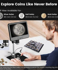10.1 Inch LCD Digital Microscope For Soldering And Coin Inspection With 1080P Video And 12MP Photos, IPS Display, Wide Field Of View, Macro Magnification, Easy USB HD Output, Dope Tool For Electronics Tinkerers. 10.1-inch LCD microscope on metal stand inspecting coins