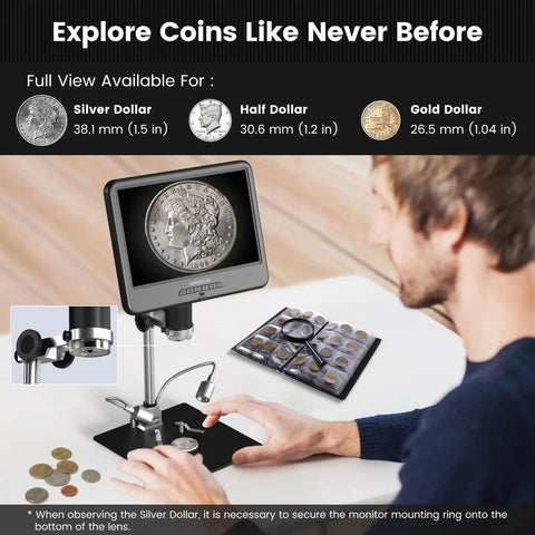 10.1 Inch LCD Digital Microscope For Soldering And Coin Inspection With 1080P Video And 12MP Photos, IPS Display, Wide Field Of View, Macro Magnification, Easy USB HD Output, Dope Tool For Electronics Tinkerers. 10.1-inch LCD microscope on metal stand inspecting coins