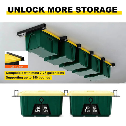 Rugged Overhead Garage Storage Rack Set 6 Pack 17 Inch Adjustable Tote Racks For 27 Gallon Totes Ceiling Mount Hanging Bin Rails