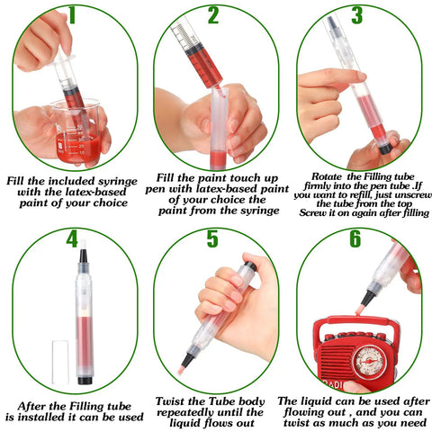 Step-by-step guide showing how to use the Five Pack Touch Up Paint Pens For Walls Fillable And Refillable Reusable Wall Repair Tools.