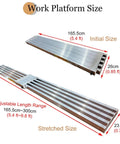 Heavy Duty Aluminum Scaffold Tower Featuring Adjustable Retractable Work Platform And Non Slip Scaffolding Plank showing size dimensions.