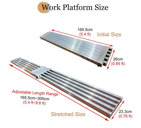 Heavy Duty Aluminum Scaffold Tower Featuring Adjustable Retractable Work Platform And Non Slip Scaffolding Plank showing size dimensions.