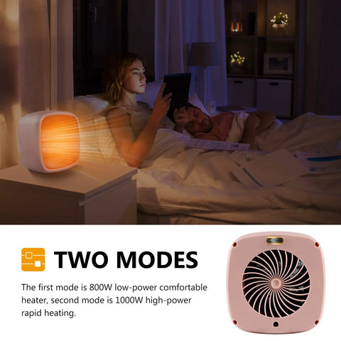 Portable Ceramic Space Heater 1000W 800W With Quick Heat In 2 Seconds, Super Quiet 50dB Desk Heater For Office Or Home, Compact Safe Indoor Use Pink Color on bedside table