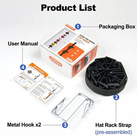 Door Hat Rack With Two Way Hanging And Display Hooks For Baseball Caps Over The Door Hat Organizer showing parts and packaging