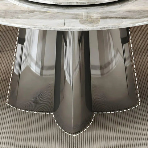 Detailed view of the solid black metal pedestal base of Top Shelf Faux Marble Round Dining Table With Effortless Spin Lazy Susan Turntable.