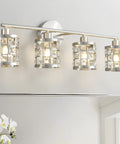 4 Light Bathroom Vanity Light Fixture Over Mirror In Brushed Nickel With Cylinder Crystal Shade Sleek Dope Modern Bath Lighting