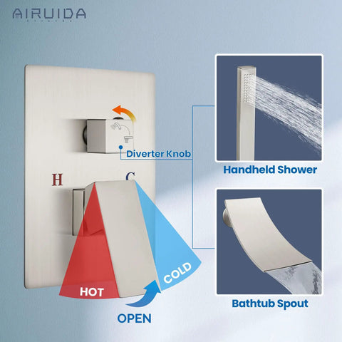 Wall Mount Tub Faucet With Waterfall Spout And Handheld Shower No Sweat Install Single Handle Tub Filler Set operation diagram