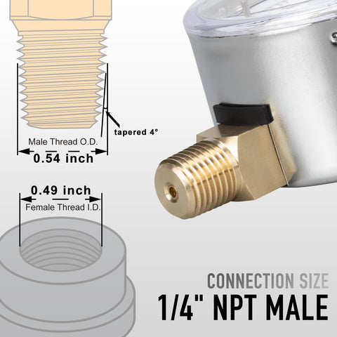1/4 inch NPT male connection on low pressure gas line gauge with capsule system, chrome plated case, and 2.5 inch dial