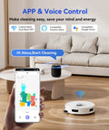 White Robot Vacuum And Mop With Beast 20000 Pa Suction, WiFi App Control, shown near sofa with smartphone app interface.
